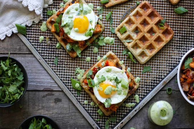 Get the recipe for these gluten and grain free Zucchini Waffle Sandwiches