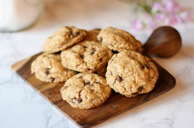 Get this Paleo friendly recipe which makes THE BEST gluten free Chocolate Chip Cookies. The recipe is egg free, nut free, refined sugar free, and grain free, and there is the option for an AIP modification.