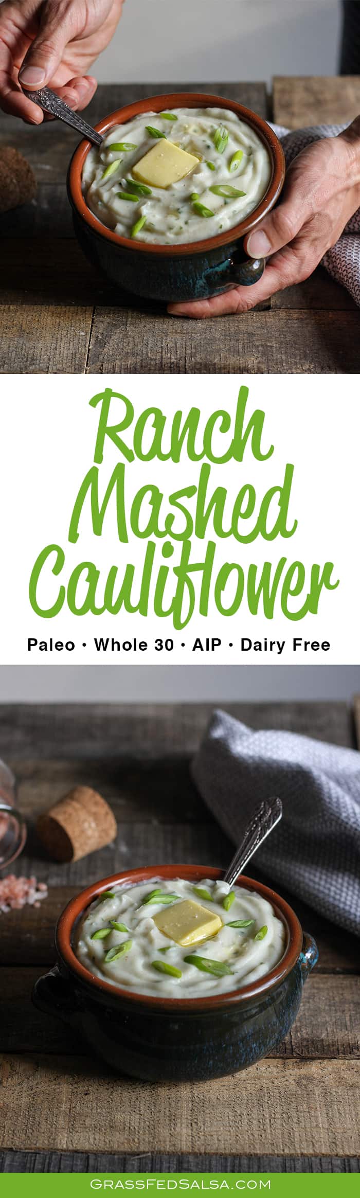 Paleo, AIP, and Whole 30 friendly Ranch Mashed Cauliflower! A low carb version of mashed potatoes, full of ranch flavor. This Ranch Mashed Cauliflower has a thick and creamy texture, and a light buttery and cheesy taste. Dairy free, Whole 30, AIP and paleo friendly! Simple to make in 15 minutes.