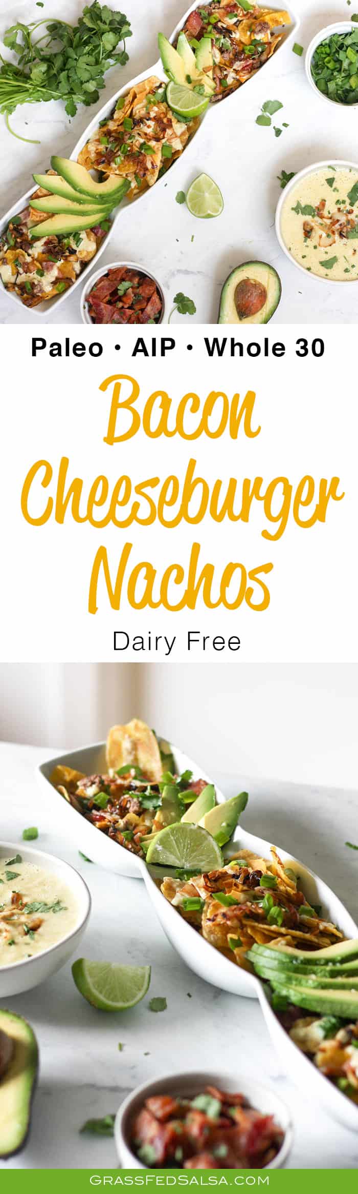 These Bacon Cheeseburger Nachos are tasty enough to share as an appetizer, and healthy enough to eat for dinner. #paleo #AIP #dairyfree #whole30