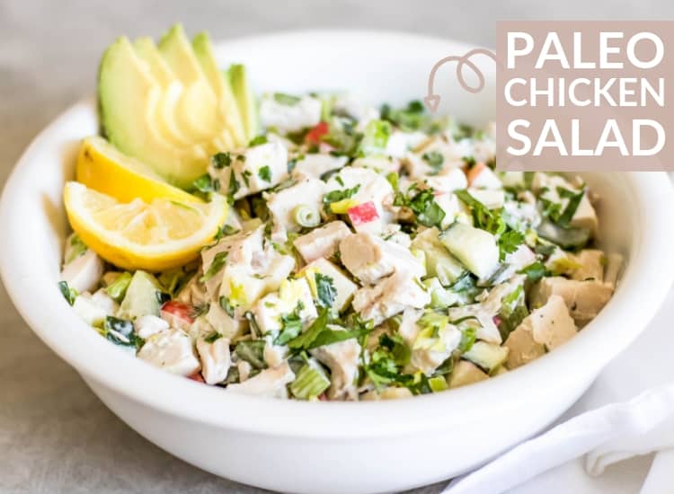white bowl of whole30 Chicken Salad with avocado and lemon