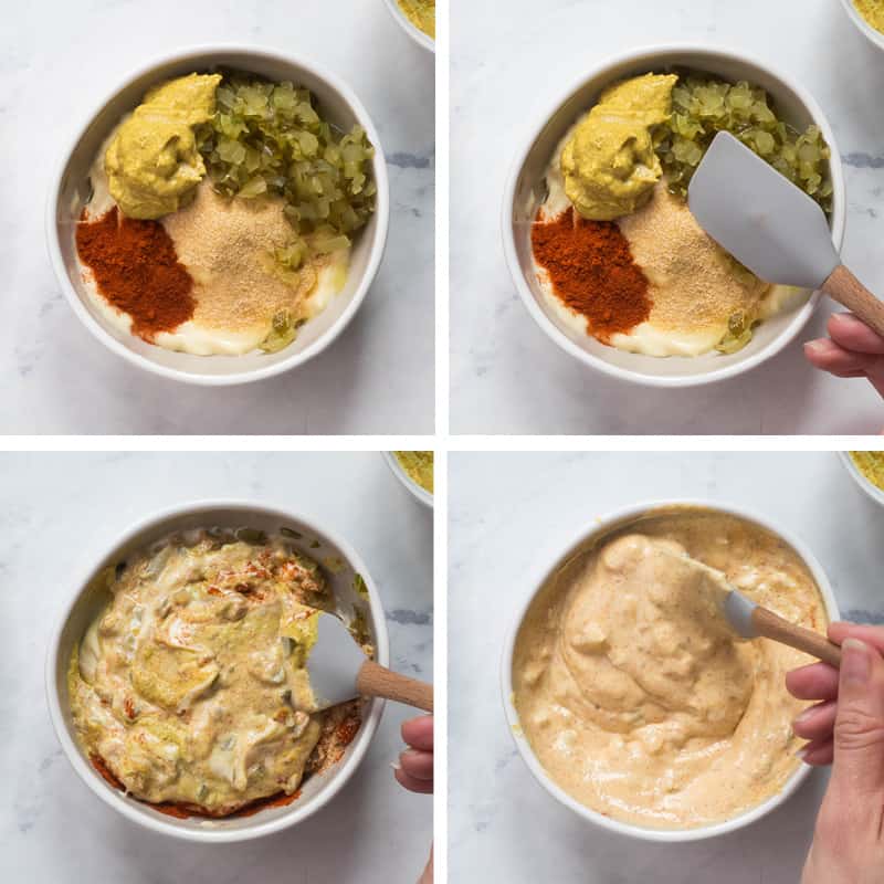 A collage of 4 images showing how to make Big Mac Sauce.