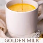 A white mug of turmeric coffee with honey drizzling into it. Beneath the image is the text: Golden Milk Coffee.