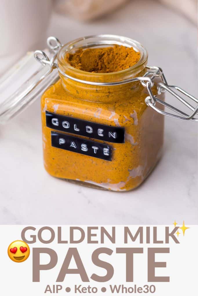Glass jar full of golden paste. AIP, Keto and Whole30 text.