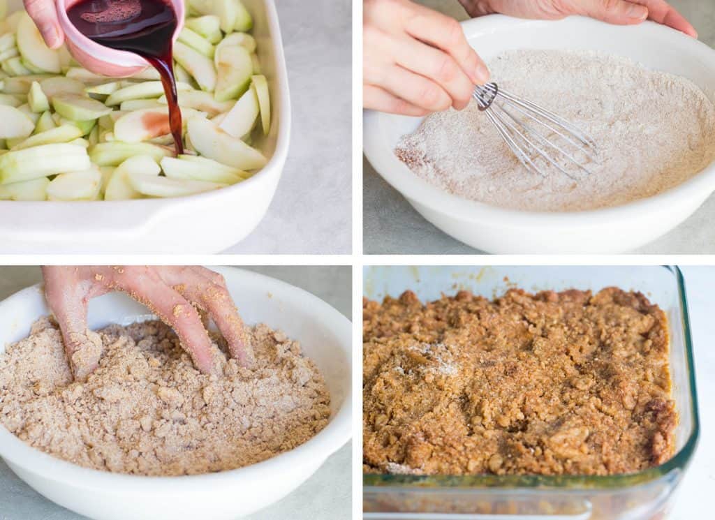 This collage of images shows apples in a baking dish being poured with juice, whisking together a flour and sugar mixture, a crumbly flour mixture for an Apple Crisp topping, and then the apple crisp assembled and ready to bake.