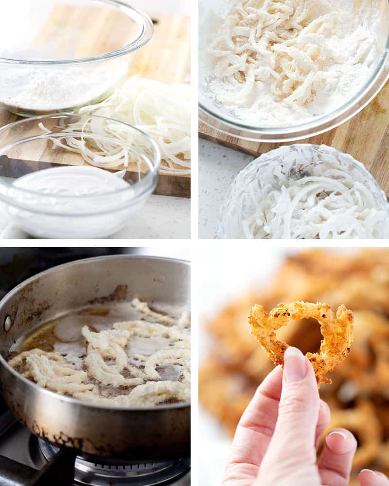 This collage of images shows the steps of making french fried onions. It shows dredging the onions in the liquid mixture, coating with the flour mixture, pan frying, and enjoying. 