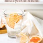 An image of a water jug with grapefruit it in on a marble surface. Above the image is the text: "MTHFR what you need to know before you start a detox."