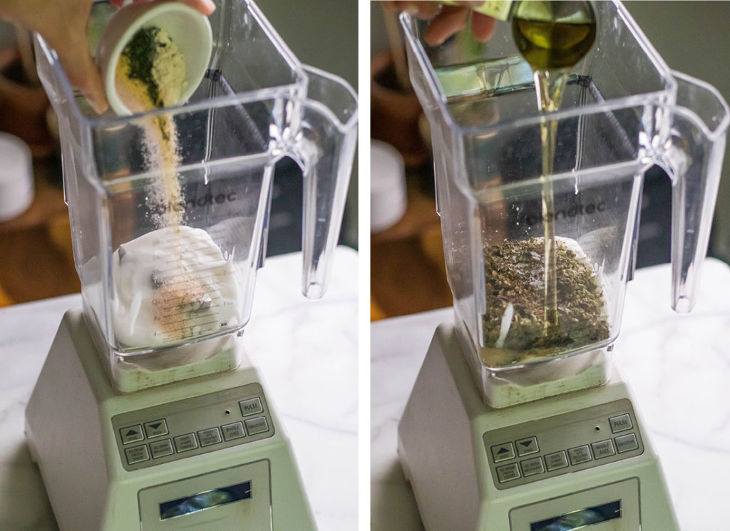 A collage of images shows a Blendtec blender with herbs being poured in on the left, and on the right, avocado oil being poured in.